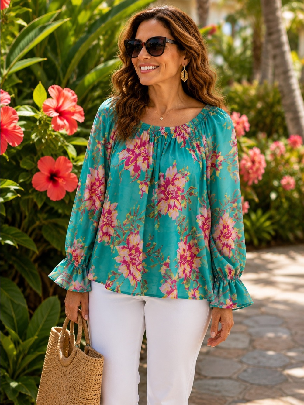 SUSAN GRAVER Floral Peasant Blouse Off Shoulder Bell Sleeve Boho Plus Size 1X - Picture 5 of 16